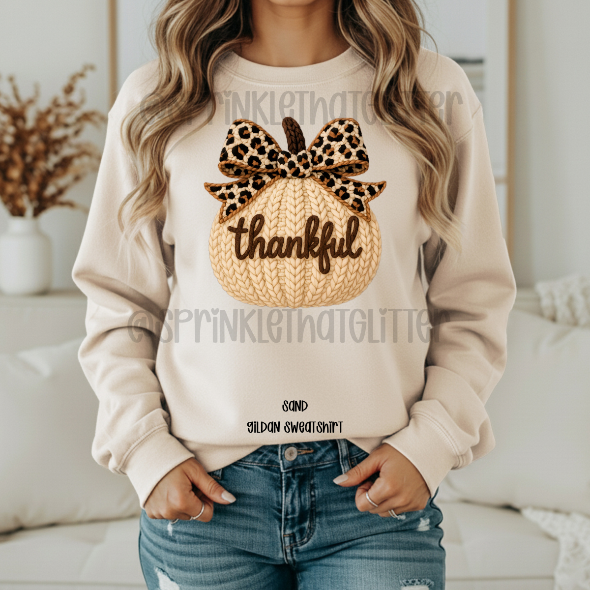 Crochet Thankful with Bow Sweatshirt